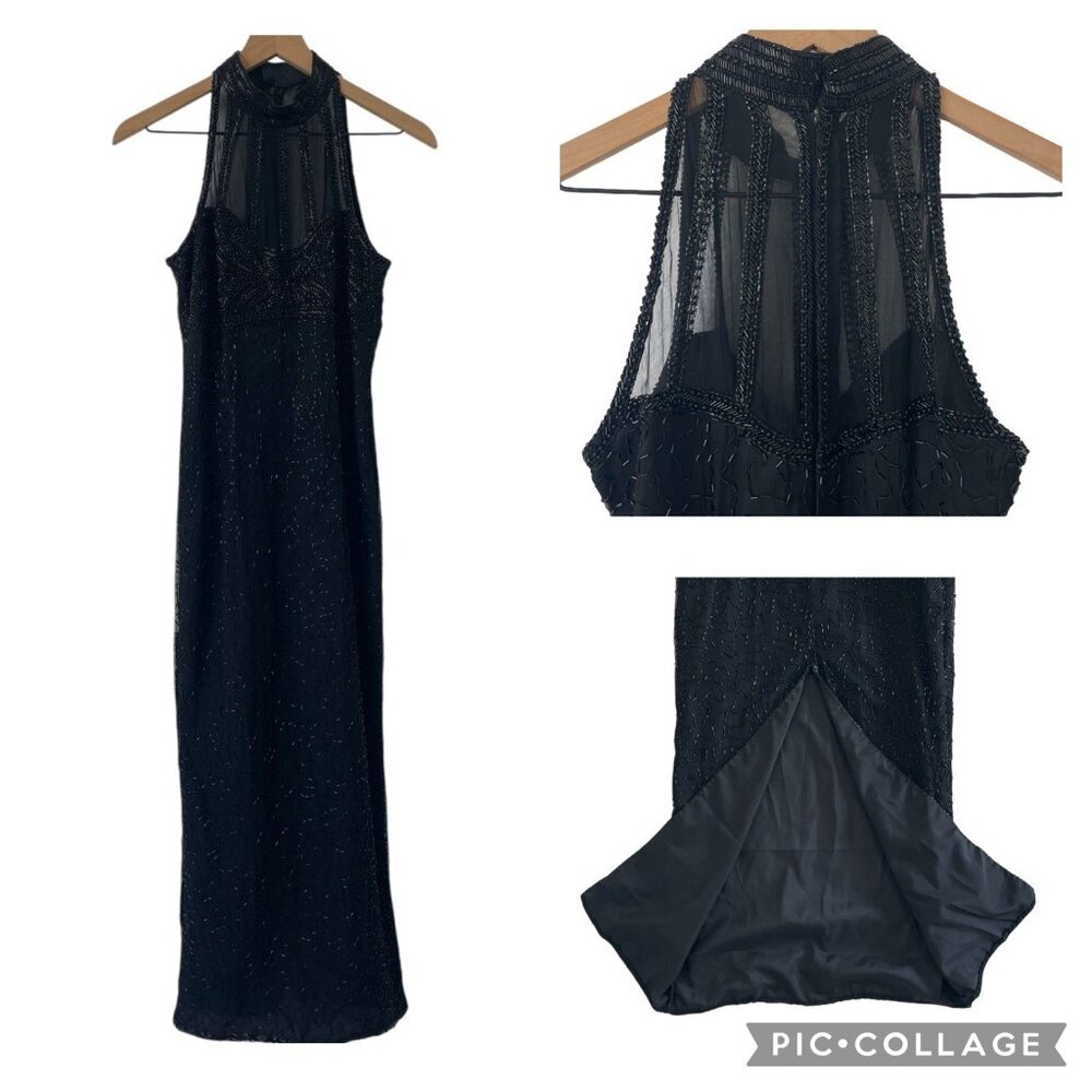 Laurence Kazar VTG Black Beaded Silk Evening Gown Dress Formal High Neck Size PS